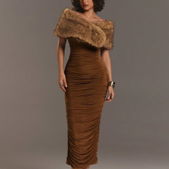 Coffee Party Women's Patchwork Fluffy Off-Shoulder Ruched Fitted Elegant Dress - Picture 5 of 7